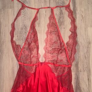 victoria’s secret maxi slip dress, thigh high slit, lace and ribbons intact.